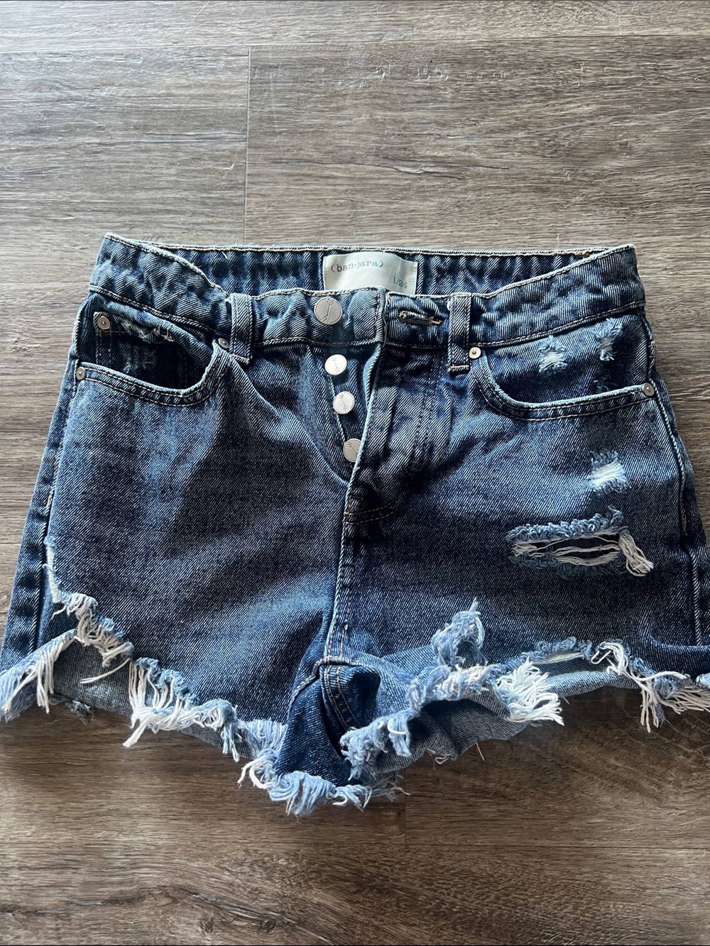 Distressed High-Waist Denim Shorts - Dark Blue